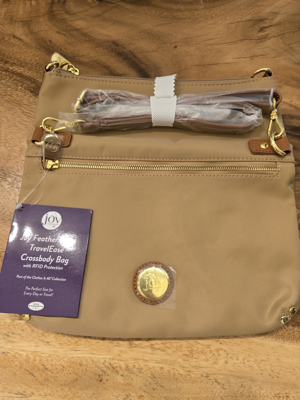 TravelEase Tan Crossbody Bag with Gold Accents